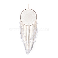 Handmade Round Cotton Woven Net/Web with Feather Wall Hanging Decoration, with Iron Rings, Flocking Cloth & Wooden Beads, for Home Offices Amulet Ornament, Flower Pattern, 1310mm(HJEW-G015-02B)
