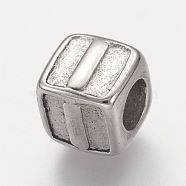 304 Stainless Steel European Beads, Horizontal Hole, Large Hole Beads, Cube with Letter.I, 8x8x8mm, Hole: 4mm(STAS-G134-01P-I)