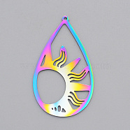 Ion Plating(IP) 201 Stainless Steel Pendants, Laser Cut, Teardrop with Sun, Rainbow Color, 45x25.5x1mm, Hole: 1.4mm(STAS-S105-LA505)