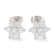 Brass Micro Pave Cubic Zirconia Stud Earrings, Snowflake Jewelry for Women, Platinum, 9.5x11mm(X-EJEW-P247-05P-01)