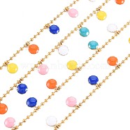 304 Stainless Steel Ball Chains, with Flat Round Enamel Charm, Real 18K Gold Plated, Colorful, 9x6x1mm, about 3.28 Feet(1m)/Strand(STAS-N092-118)
