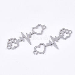 Tarnish Resistant 201 Stainless Steel Links connectors, Laser Cut Links, Heartbeat with Paw Print, Stainless Steel Color, 33x12x1mm, Hole: 1.8mm(X-STAS-N091-34P)