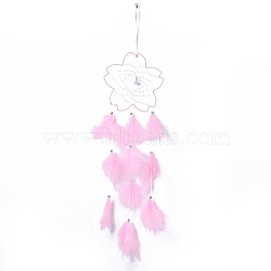 Handmade Flower Woven Net/Web with Feather Wall Hanging Decoration, with Beads & Cotton Thread, for Home Offices Amulet Ornament, Pearl Pink, 610~670x155mm, Pendant: 530mm long(HJEW-A001-03A)