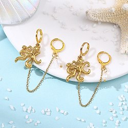 304 Stainless Steel Pendants & Natural Cultured Freshwater Pearl Leverback Earrings, with Brass Huggie Hoop Earring, Octopus, 55x5~20mm(EJEW-JE07259-01)