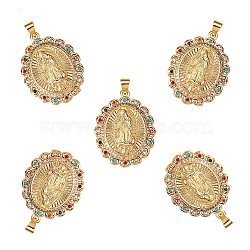 5Pcs Brass Micro Pave Colorful Cubic Zirconia Pendants, Long-Lasting Plated, Lead Free & Cadmium Free, Oval with Holy Virgin, Religion, Real 18K Gold Plated, 35x23x4mm, Hole: 5x3mm(ZIRC-SZ0003-39)