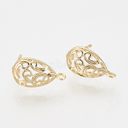 Brass Stud Earring Findings, with Loop, Teardrop, Nickel Free, Real 18K Gold Plated, 13x7.5mm, Hole: 1mm, Pin: 0.8mm(KK-T027-66G)