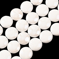 Handmade Porcelain Beads, Bright Glazed Porcelain, Flat Round, White, 21x20x8.5~12mm(PORC-Q215-21x20mm-03)
