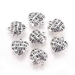 Tibetan Style Alloy Pendants, Heart with Word Kiss, Antique Silver, 22.5x20.2x7.7mm, Hole: 1.8mm(PALLOY-I134-04AS)