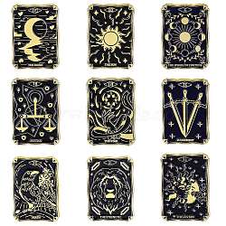9Pcs 9 Styles Alloy Brooch, Enamel Pins, Light Gold, Tarot Card Badges, Black, 30.5x21.5x1.5mm, 1pc/style(JEWB-SZ0001-95)