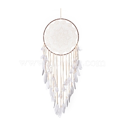 Handmade Round Cotton Woven Net/Web with Feather Wall Hanging Decoration, with Iron Rings, Flocking Cloth & Wooden Beads, for Home Offices Amulet Ornament, Flower Pattern, 1310mm(HJEW-G015-02B)