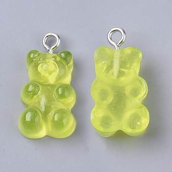 Resin Pendants, with Platinum Plated Iron Loop, Imitation Food, Bear, Green Yellow, 20.5~22.5x11.5x7mm, Hole: 2mm