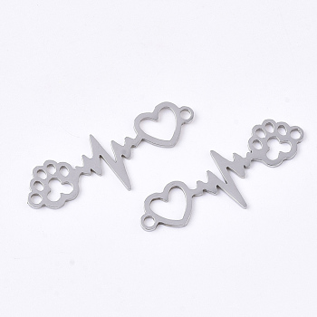 201 Stainless Steel Links connectors, Laser Cut Links, Heartbeat with Paw Print, Stainless Steel Color, 33x12x1mm, Hole: 1.8mm