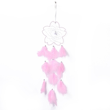 Handmade Flower Woven Net/Web with Feather Wall Hanging Decoration, with Beads & Cotton Thread, for Home Offices Amulet Ornament, Pearl Pink, 610~670x155mm, Pendant: 530mm long