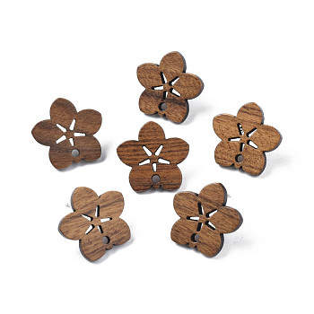Walnut Wood Stud Earring Findings, with 316 Stainless Steel Pin and Hole, Flower, Tan, 17x18mm, Hole: 1.8mm, Pin: 0.7mm