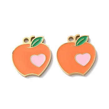 Ion Plating(IP) 304 Stainless Steel Charms, with Enamel, Apple with Heart Charm, Golden, 14.5x13x1.5mm, Hole: 1.5mm