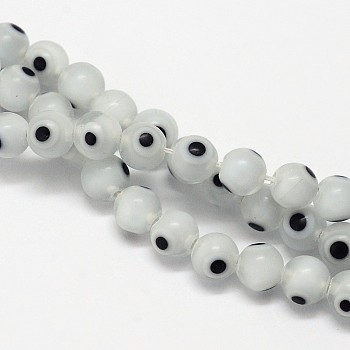 Handmade Evil Eye Lampwork Round Bead Strands, Floral White, 6mm, Hole: 1mm, about 65pcs/strand, 14.17 inch