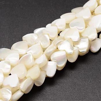 Natural Trochid Shell/Trochus Shell Beads Strands, Heart, Creamy White, 8x8x3~4mm, Hole: 1mm, about 50~53pcs/strand, 15.5 inch