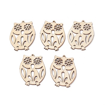 (Defective Closeout Sale: Yellowing) Undyed Natural Wooden Big Pendants, Laser Cut Owl Charm, Navajo White, 55.5x42.5x2mm, Hole: 1.5mm
