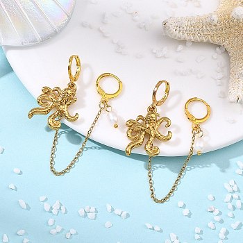 304 Stainless Steel Pendants & Natural Cultured Freshwater Pearl Leverback Earrings, with Brass Huggie Hoop Earring, Octopus, 55x5~20mm
