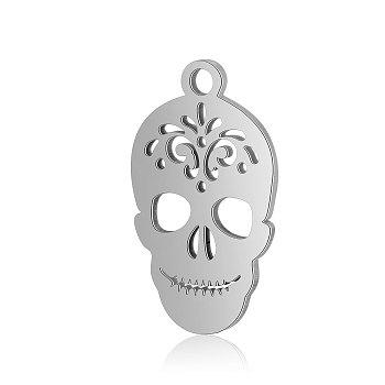 304 Stainless Steel Pendants, Sugar Skull, For Mexico Holiday Day of the Dead, Stainless Steel Color, 18x10.5x0.8mm, Hole: 1mm