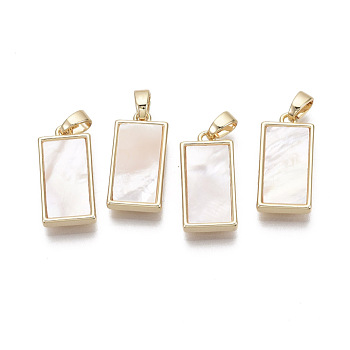 Brass Pendants, with Freshwater Shell, Nickel Free, Real 18k Gold Plated, Rectangle, Seashell Color, 18x9x3mm, Hole: 2x4mm