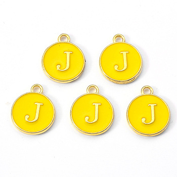Golden Plated Alloy Enamel Charms, Enamelled Sequins, Flat Round with Letter, Gold, Letter.J, 14x12x2mm, Hole: 1.5mm