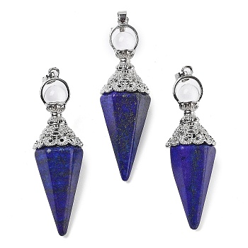 Dyed Natural Lapis Lazuli Faceted Cone Big Pendants, with Rack Plating Alloy Findings, Platinum, 61x18.5x17mm, Hole: 8x5mm