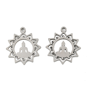 201 Stainless Steel Pendants, Laser Cut, Real 18K Gold Plated, Buddha and Flower Charm, 17x15.5x1mm, Hole: 1.4mm
