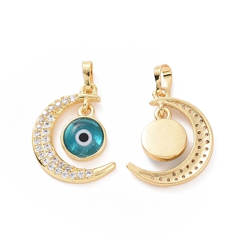 Brass Micro Pave Cubic Zirconia Pendants, with Handmade Evil Eye Lampwork, Crescent Moon Charm, Real 18K Gold Plated, Cyan, 23x16x4mm, Hole: 4x6mm