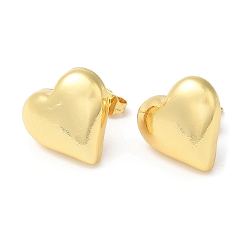 Rack Plating Brass Heart Stud Earrings, Real 18K Gold Plated, 14.5x15.5mm