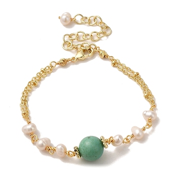 Synthetic Turquoise Round Link Bracelets with Natural Pearl, with Brass Chains, Real 14K Gold Plated, 6-1/4 inch(15.9cm)