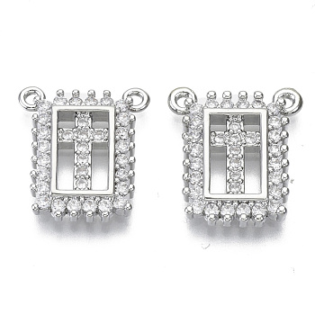 Brass Micro Pave Cubic Zirconia Pendants, for Religion, Nickel Free, Rectangle with Cross, Clear, Real Platinum Plated, 16x14x2.5mm, Hole: 1.2mm