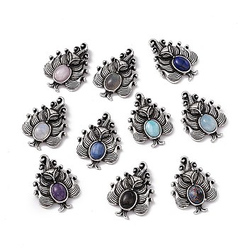 Natural Mixed Gemstone Pendants, Nine-Tailed Fox Charms, with Antique Silver Color Brass Findings, 30x23x6mm, Hole: 4x2mm