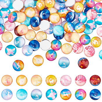 ARRICRAFT 140Pcs 14 Style Glass Cabochons, Flat Round with Deer Pattern, Mixed Color, 12x4mm, 10pcs/style