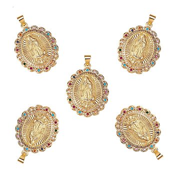 5Pcs Brass Micro Pave Colorful Cubic Zirconia Pendants, Long-Lasting Plated, Lead Free & Cadmium Free, Oval with Holy Virgin, Religion, Real 18K Gold Plated, 35x23x4mm, Hole: 5x3mm