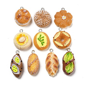Imitation Food Opaque Resin Pendants, Bread Charms with Platinum Tone Iron Loops, Mixed Shapes, Mixed Color, 25~33x15~22x8~15mm, Hole: 2mm