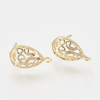 Brass Stud Earring Findings, with Loop, Teardrop, Nickel Free, Real 18K Gold Plated, 13x7.5mm, Hole: 1mm, Pin: 0.8mm