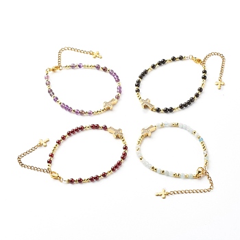 Cross Cubic Zirconia Beaded Bracelet for Girl Women, Natural Stone & Brass Beads Bracelet, Golden, 7-5/8 inch(19.5cm)