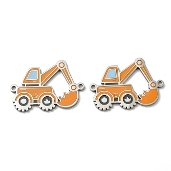 304 Stainless Steel Enamel Connector Charms, Vehicle Links, Excavator, Orange, Stainless Steel Color, 19x28x1mm, Hole: 1.6mm