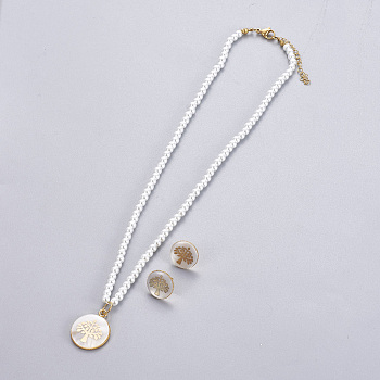 304 Stainless Steel Jewelry Sets, Pendant Necklaces and Stud Earrings, with Shell and Plastic Beads, Flat Round with Tree of Life, Golden, White, 17.5~17.8 inch(44.5~45.3cm), 16mm, Pin: 0.8mm
