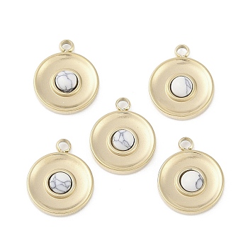 304 Stainless Steel Pave Synthetic Howlite Flat Round Charms, Real 14K Gold Plated, 15x12.5x3.5mm, Hole: 1.8mm