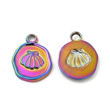 Ion Plating(IP) 304 Stainless Steel Pendants, Flat Round with Shell Charm, Rainbow Color, 16.5x13x2mm, Hole: 2.5mm