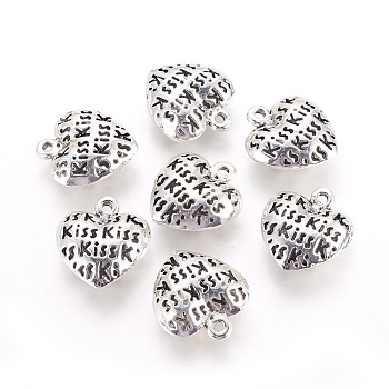Tibetan Style Alloy Pendants, Heart with Word Kiss, Antique Silver, 22.5x20.2x7.7mm, Hole: 1.8mm