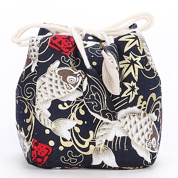 Chinese Style Printed Cotton Packing Pouches Drawstring Bags, Square, Midnight Blue, 10x11cm