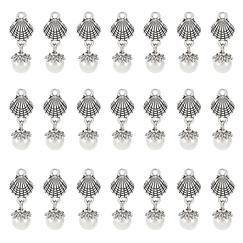 32Pcs Acrylic Imitated Pearl Pendants, with Tibetan Style Alloy Finding, Shell, Antique Silver, 27mm, Hole: 1.8mm