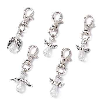 Angel Alloy & Glass Pearl Beads Pendants Decorations, with Alloy Swivel Lobster Claw Clasps, Antique Silver, 70~72mm