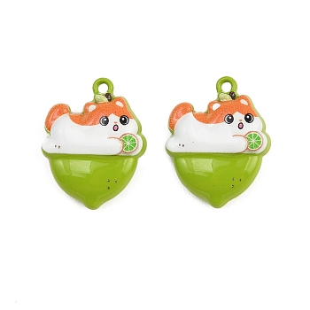 Baking Paint Zinc Alloy Pendants, Cat Shape with Lemon Charms, Green, 18.5x15x6.5mm, Hole: 1.2mm