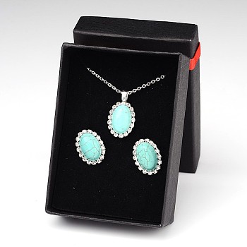 Trendy Synthetic Turquoise Pendant Necklaces and Ear Studs Jewelry Sets, with Silver Color Plated Brass Rhinestone Cup Chain, 18 inch, 19x15x5mm, Pin: 0.8mm, 1set/box