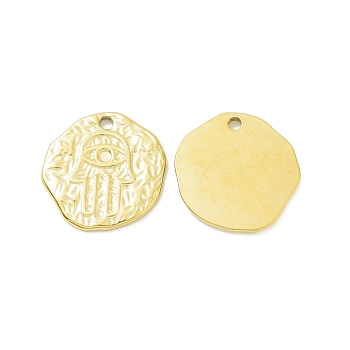 304 Stainless Steel Pendants, Textured, Flat Round with Hamsa Hand/Hand of Miriam, Golden, 18x18.5x1.5mm, Hole: 1.8mm