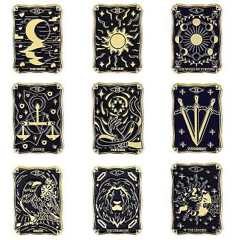 9Pcs 9 Styles Alloy Brooch, Enamel Pins, Light Gold, Tarot Card Badges, Black, 30.5x21.5x1.5mm, 1pc/style